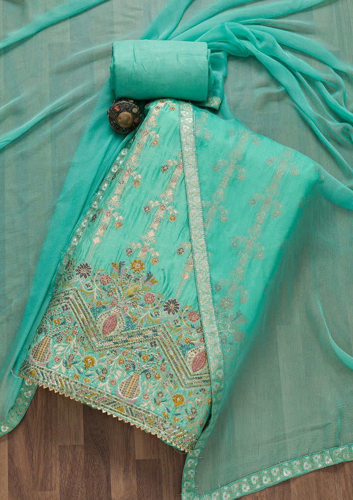 Sea Green Soft Silk Zariwork Unstitched Salwar Suit-koskii