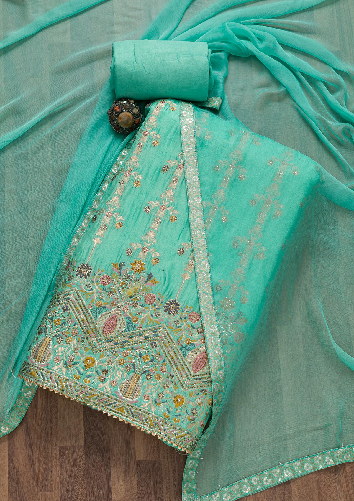 Sea Green Soft Silk Zariwork Unstitched Salwar Suit-koskii