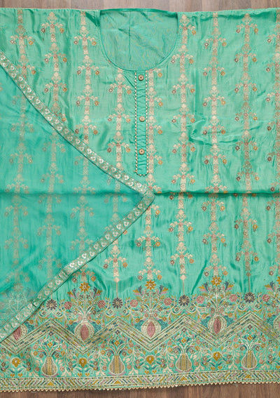 Sea Green Soft Silk Zariwork Unstitched Salwar Suit-koskii