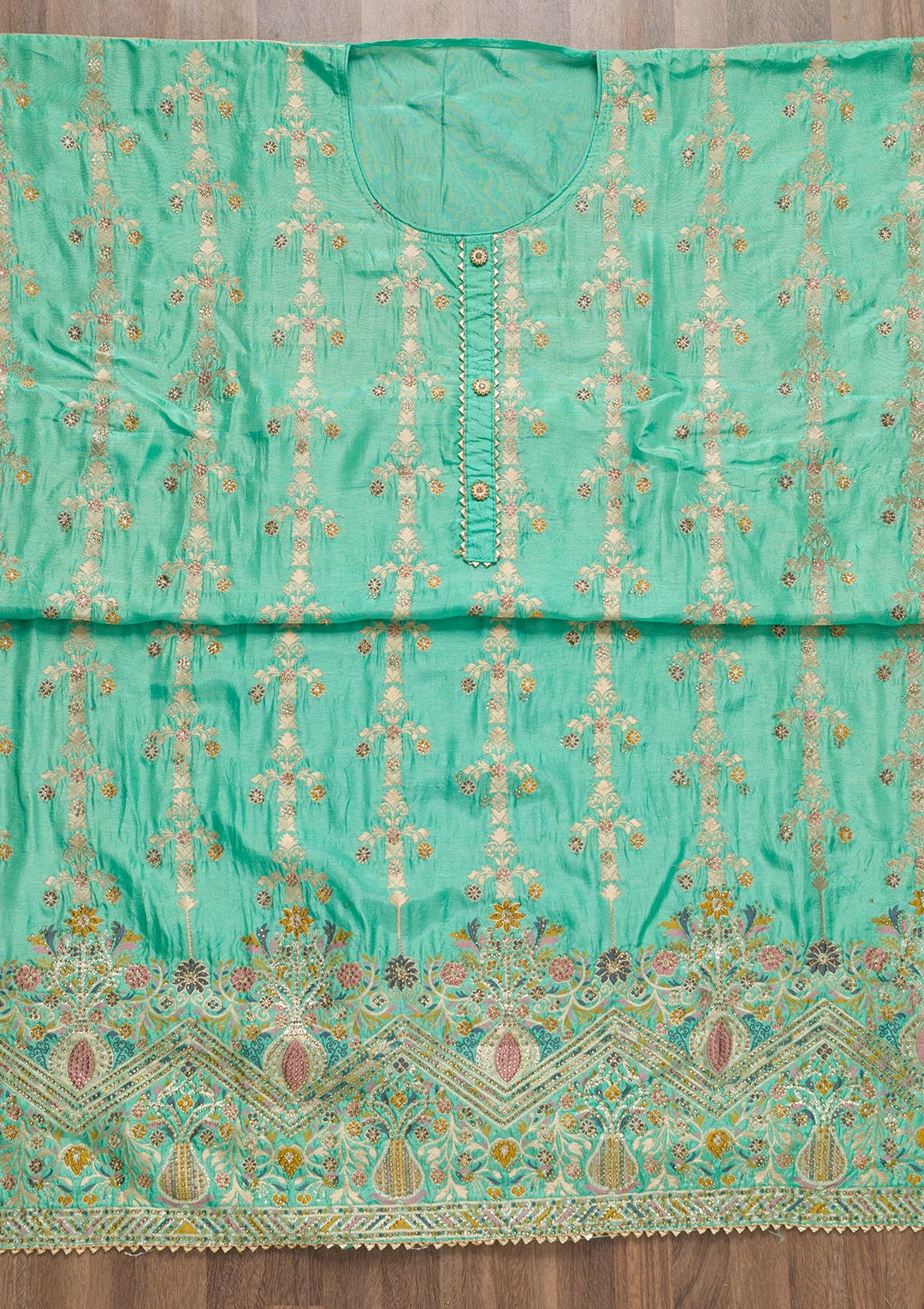 Sea Green Soft Silk Zariwork Unstitched Salwar Suit-koskii