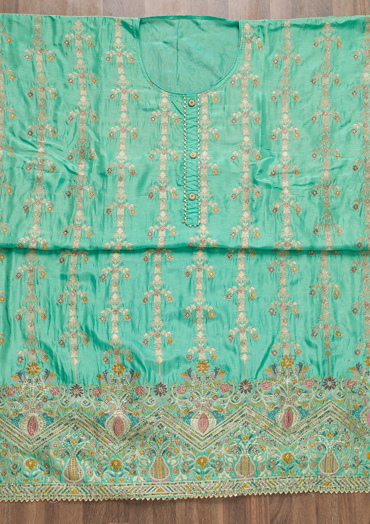 Sea Green Soft Silk Zariwork Unstitched Salwar Suit-koskii