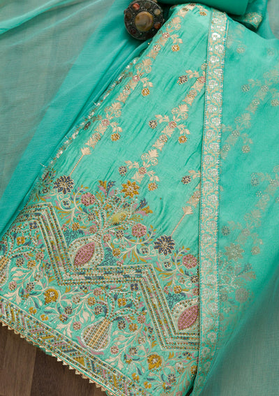 Sea Green Soft Silk Zariwork Unstitched Salwar Suit-koskii