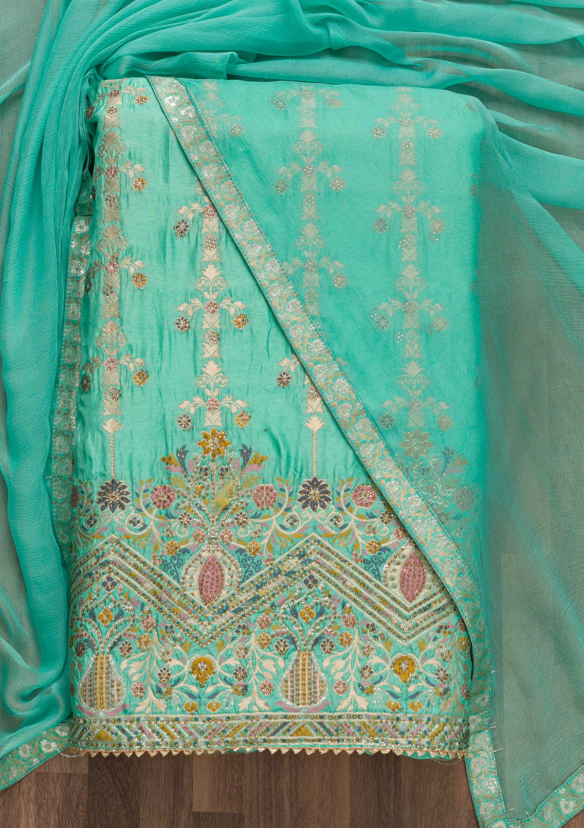 Sea Green Soft Silk Zariwork Unstitched Salwar Suit-koskii