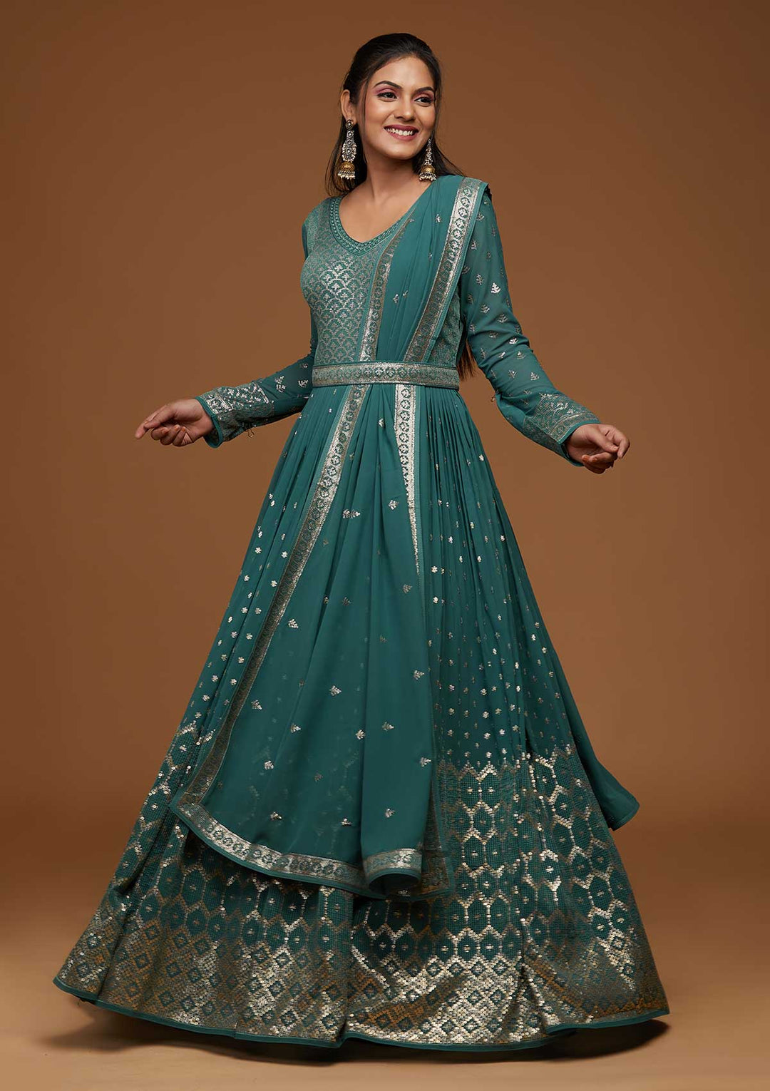 Sea Green Zariwork Georgette Designer Anarkali Suit-Koskii