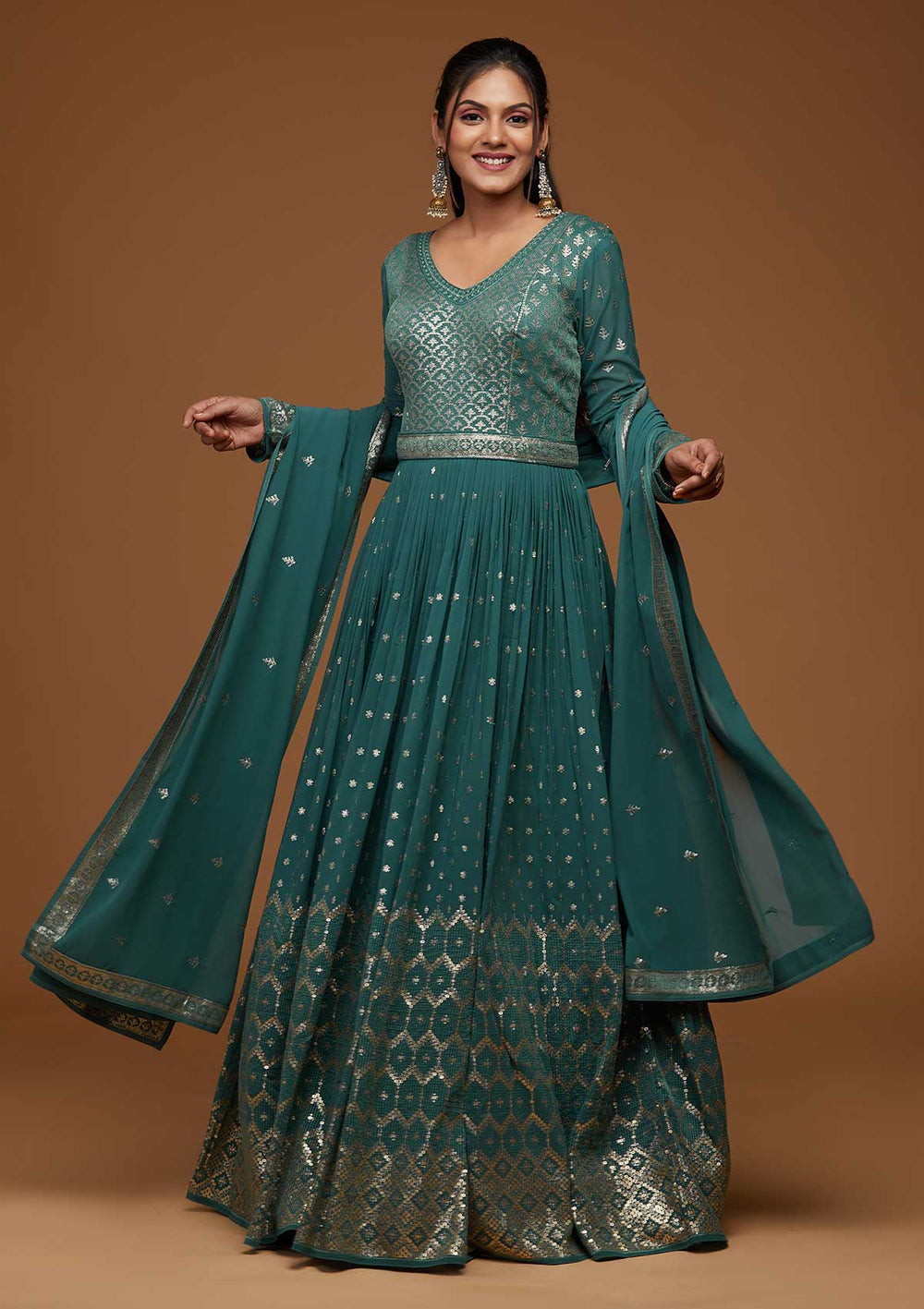 Sea Green Zariwork Georgette Designer Anarkali Suit-Koskii