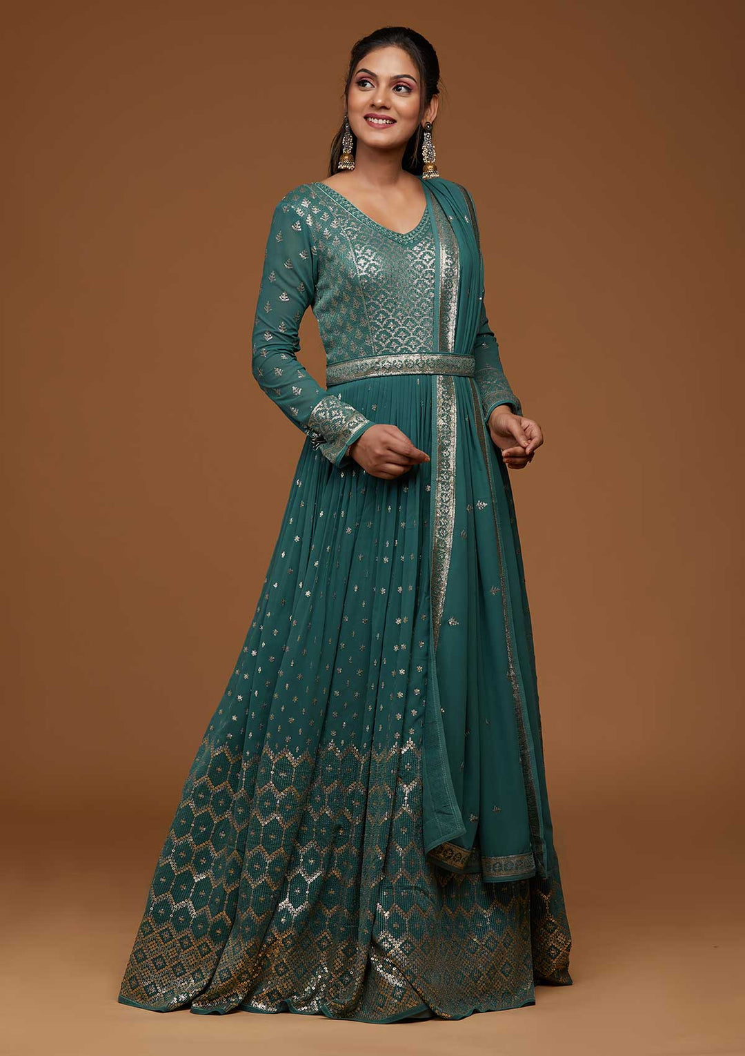 Sea Green Zariwork Georgette Designer Anarkali Suit-Koskii