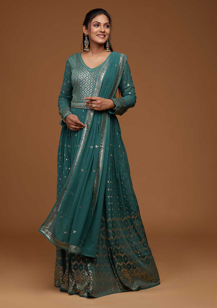 Sea Green Zariwork Georgette Designer Anarkali Suit-Koskii