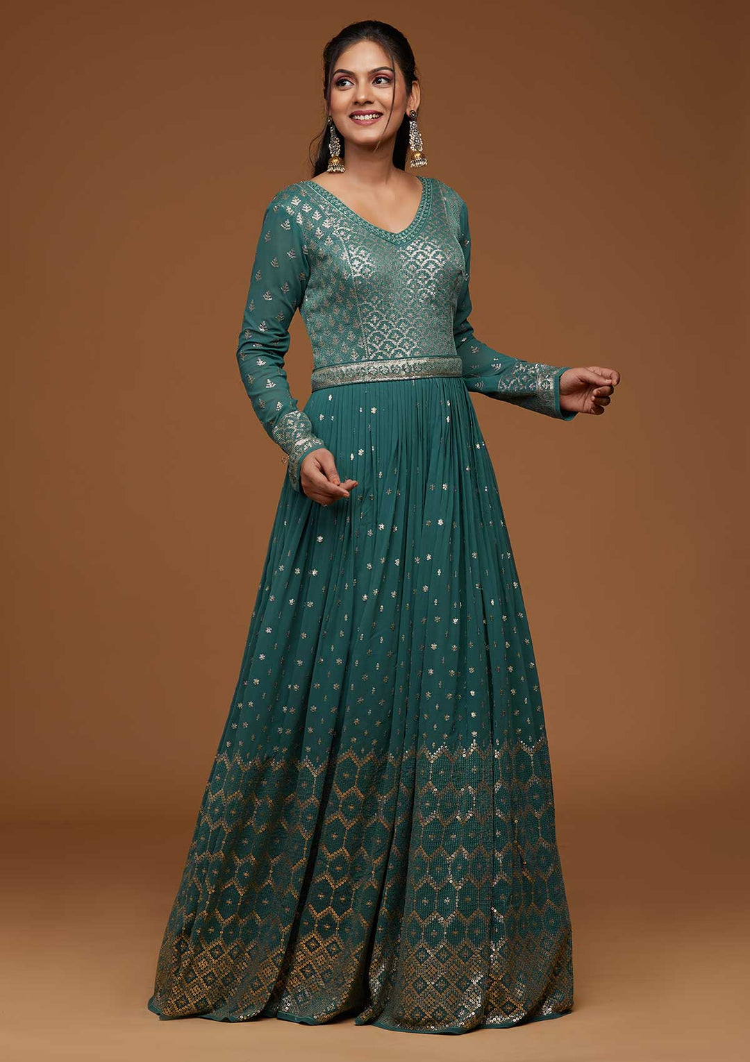Sea Green Zariwork Georgette Designer Anarkali Suit-Koskii