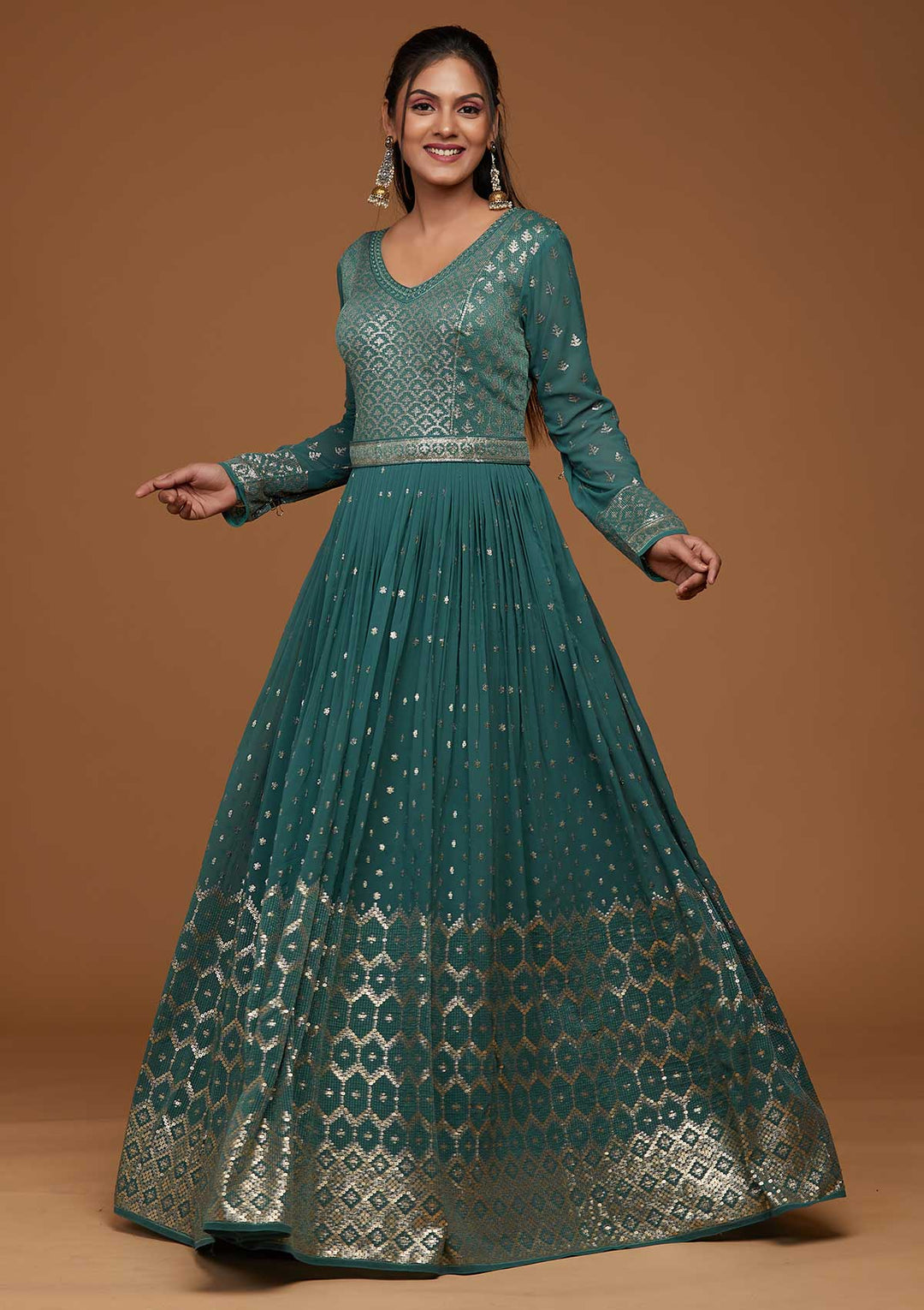 Sea Green Zariwork Georgette Designer Anarkali Suit-Koskii