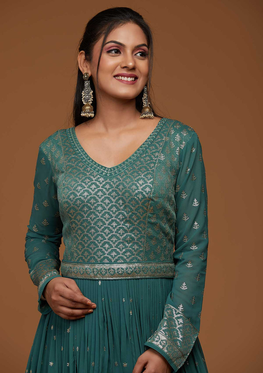 Sea Green Zariwork Georgette Designer Anarkali Suit-Koskii