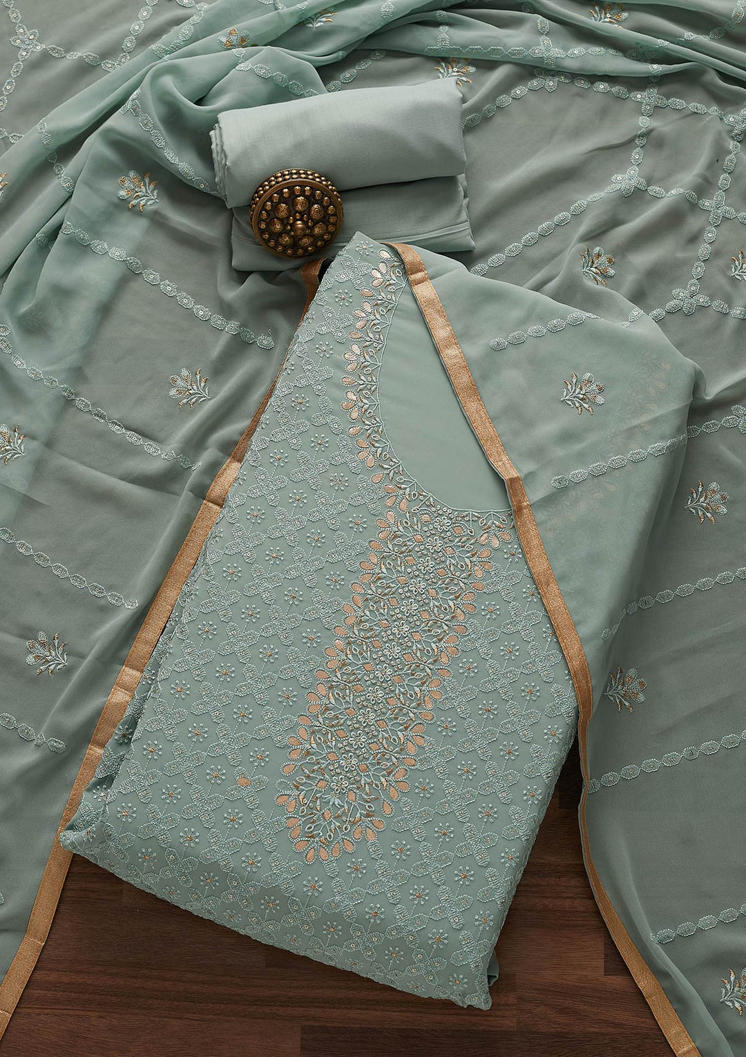 Sea Green Zariwork Georgette Designer Unstitched Salwar Suit - Koskii