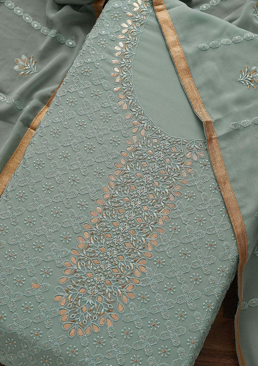Sea Green Zariwork Georgette Designer Unstitched Salwar Suit - Koskii
