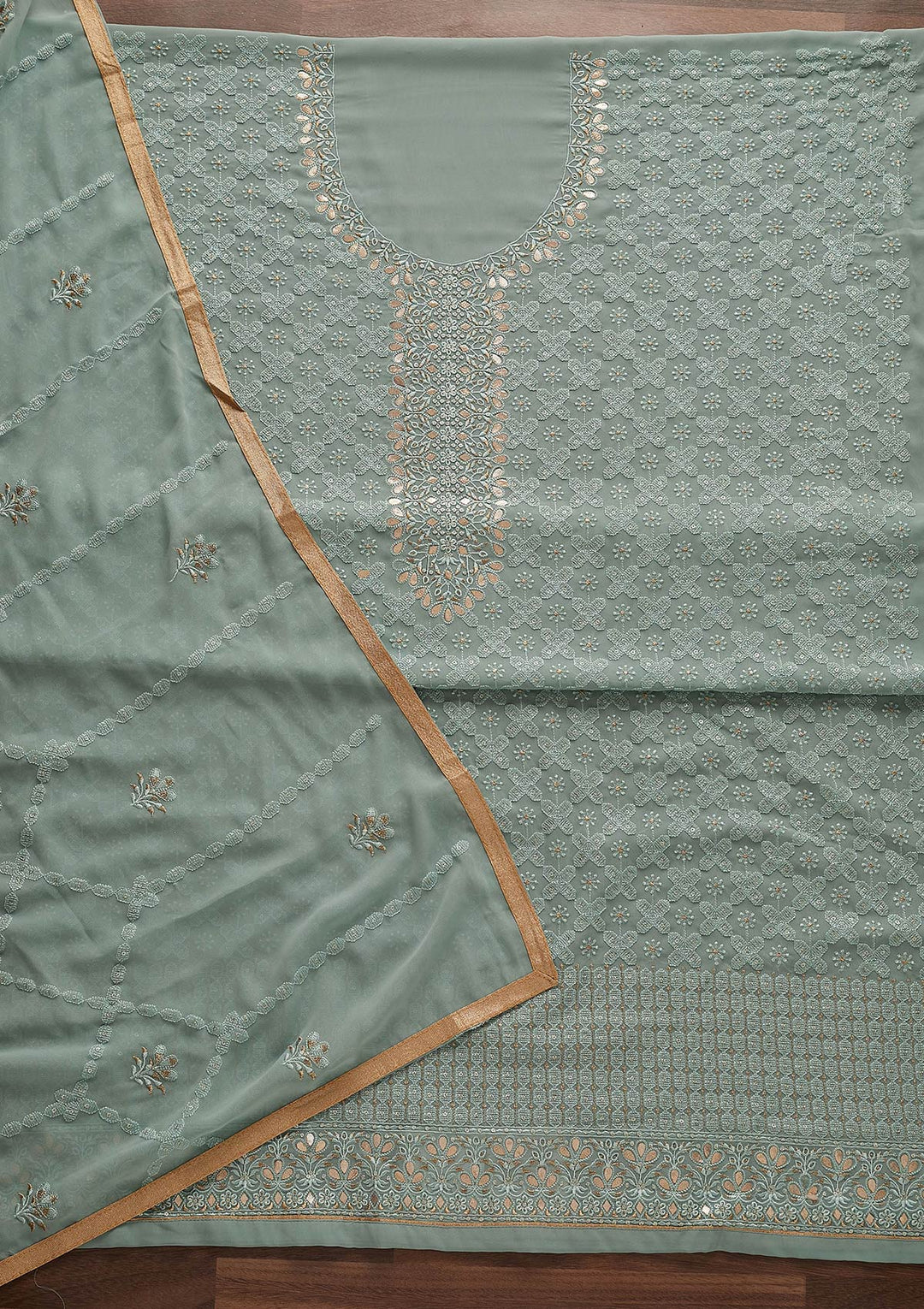 Sea Green Zariwork Georgette Designer Unstitched Salwar Suit - Koskii