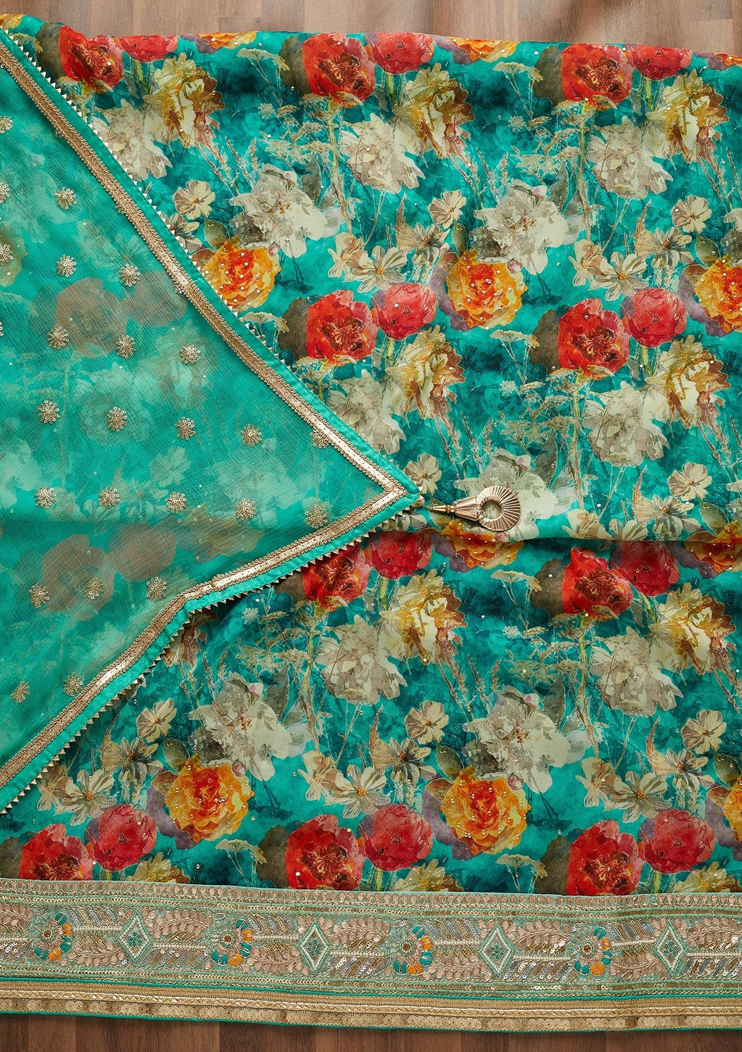 Sea Green Zariwork Georgette Unstitched Salwar Suit-Koskii