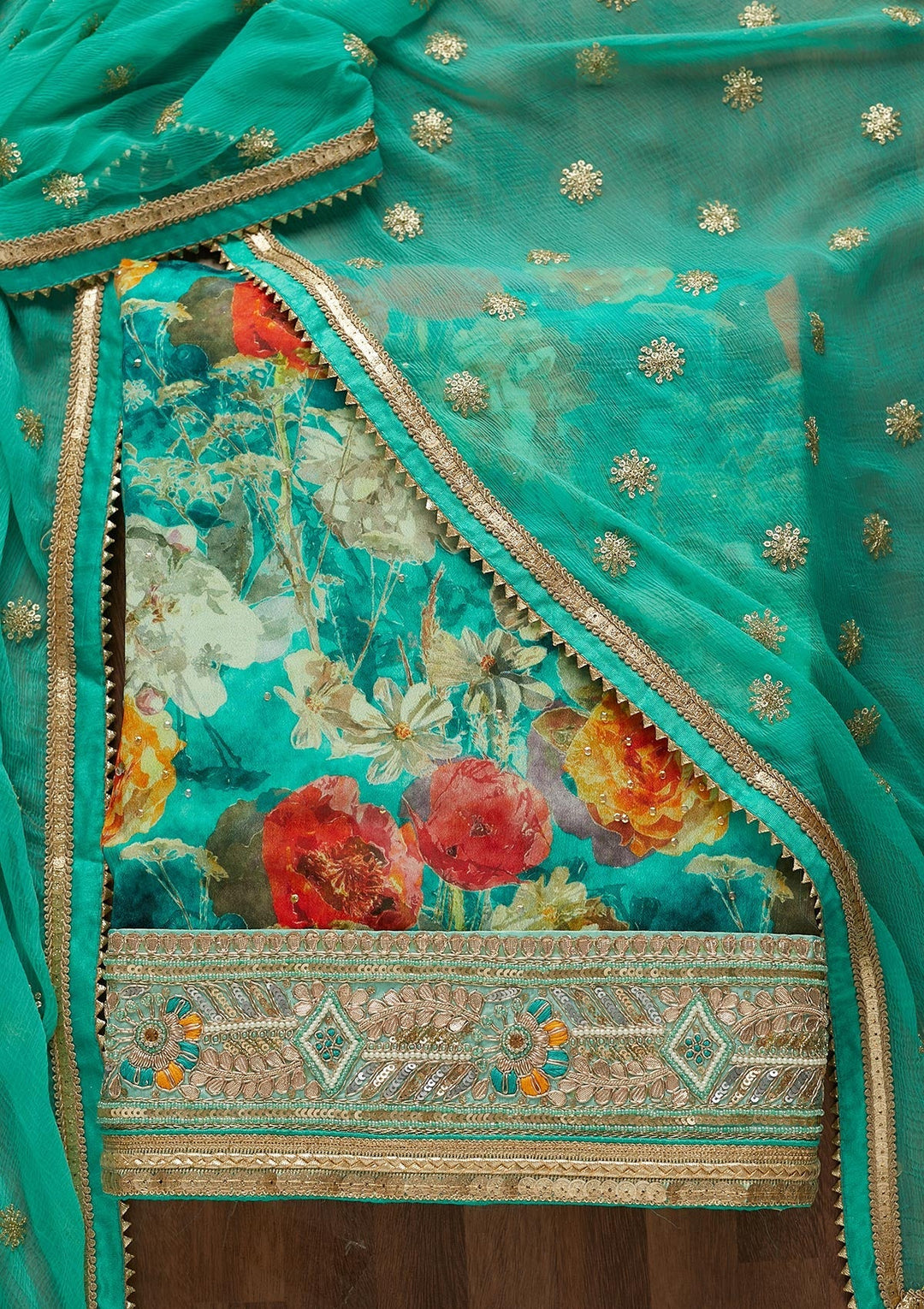 Sea Green Zariwork Georgette Unstitched Salwar Suit-Koskii