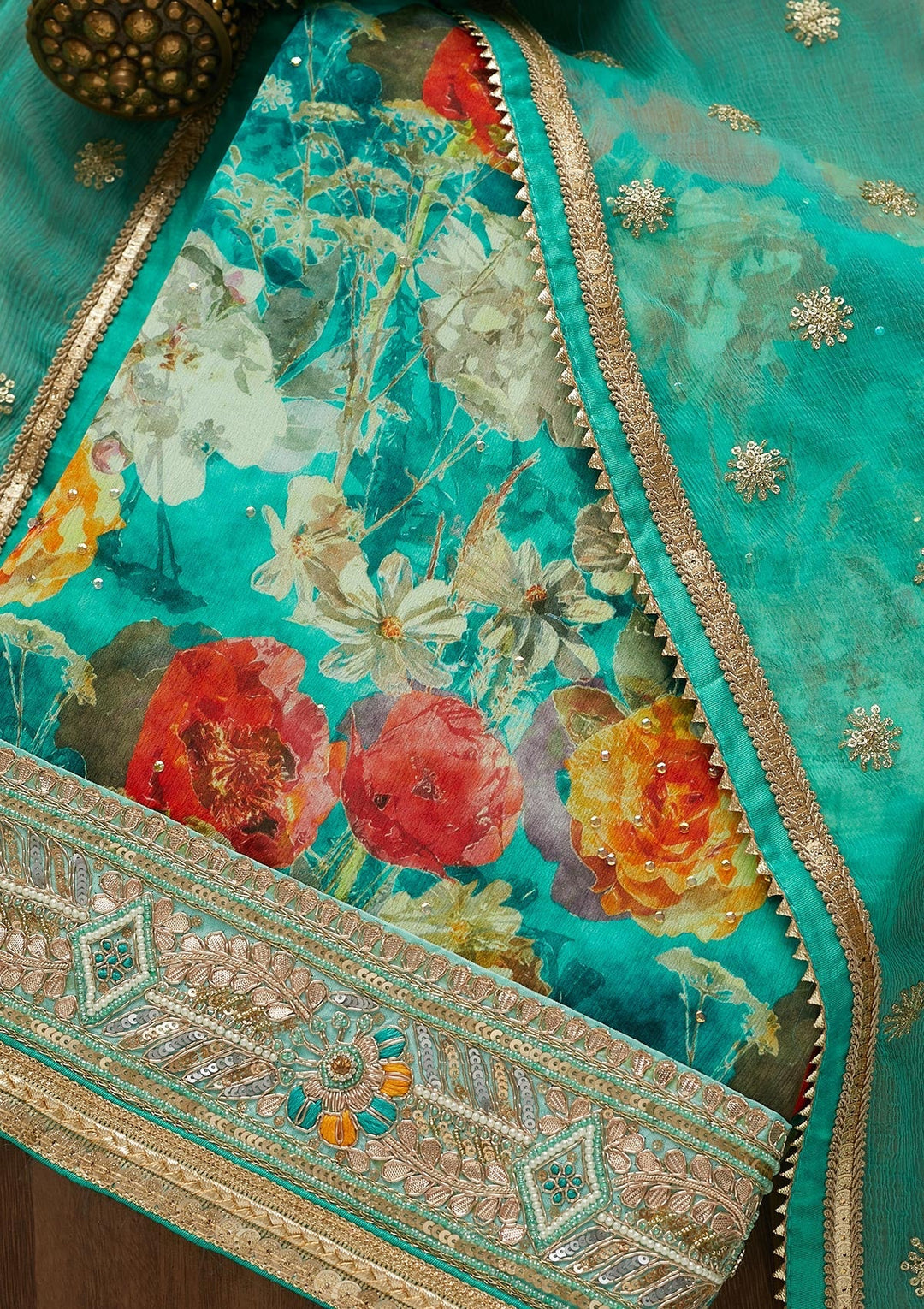 Sea Green Zariwork Georgette Unstitched Salwar Suit-Koskii