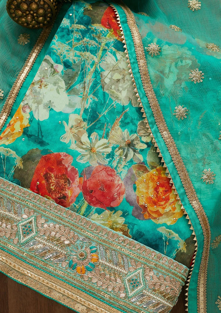 Sea Green Zariwork Georgette Unstitched Salwar Suit-Koskii