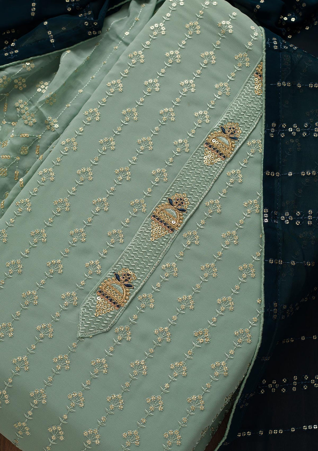 Sea Green Zariwork Georgette Unstitched Salwar Suit-Koskii