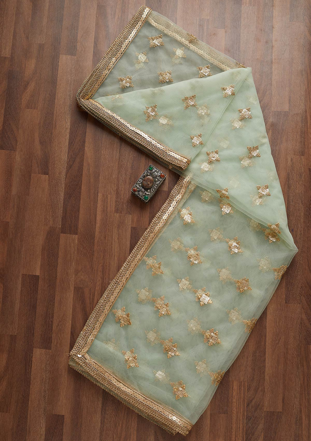 Sea Green Zariwork Net Readymade Dupatta-Koskii