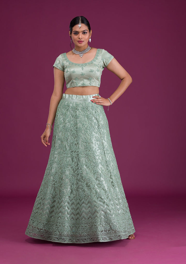 Sea Green Zariwork Net Semi Stitched Lehenga-Koskii