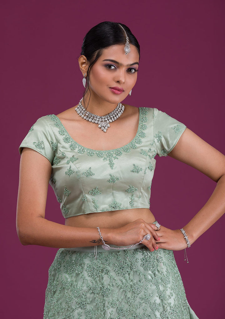 Sea Green Zariwork Net Semi Stitched Lehenga-Koskii