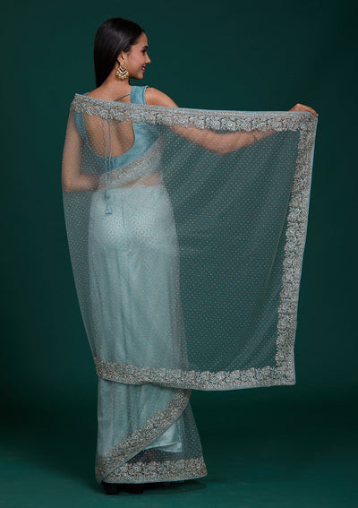 Sea Green Zariwork Net Saree - Koskii