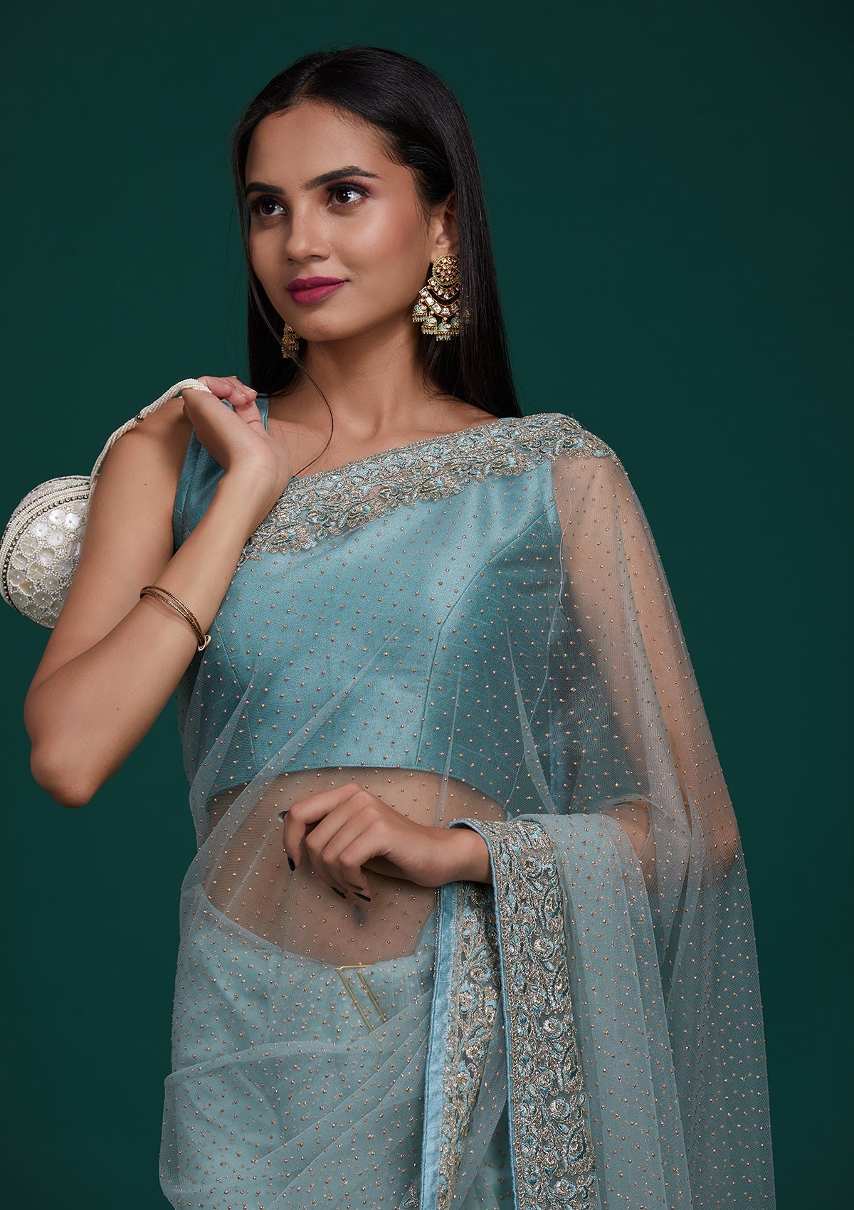Buy Sea Green Zariwork Net Designer Saree - Koskii