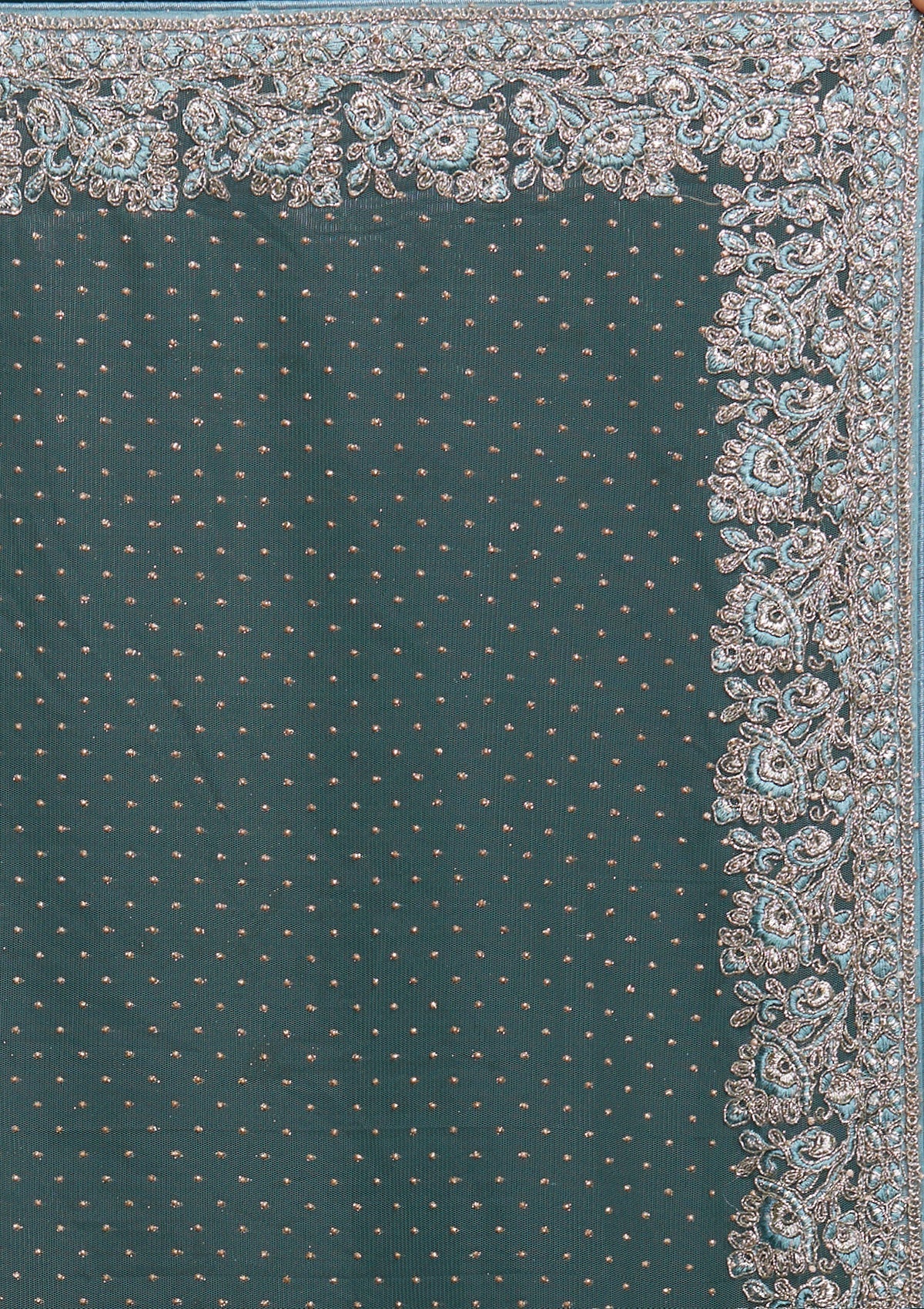 Sea Green Zariwork Net Saree - Koskii