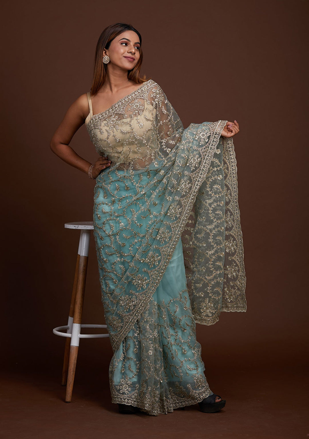 Sea Green Zariwork Net Saree-Koskii