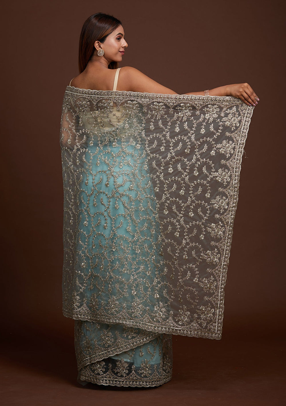 Sea Green Zariwork Net Saree-Koskii