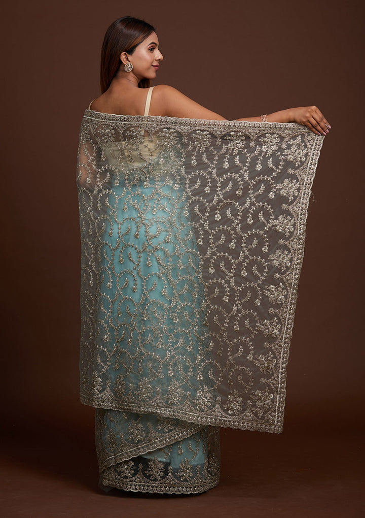 Sea Green Zariwork Net Saree-Koskii