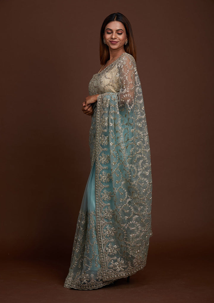 Sea Green Zariwork Net Saree-Koskii
