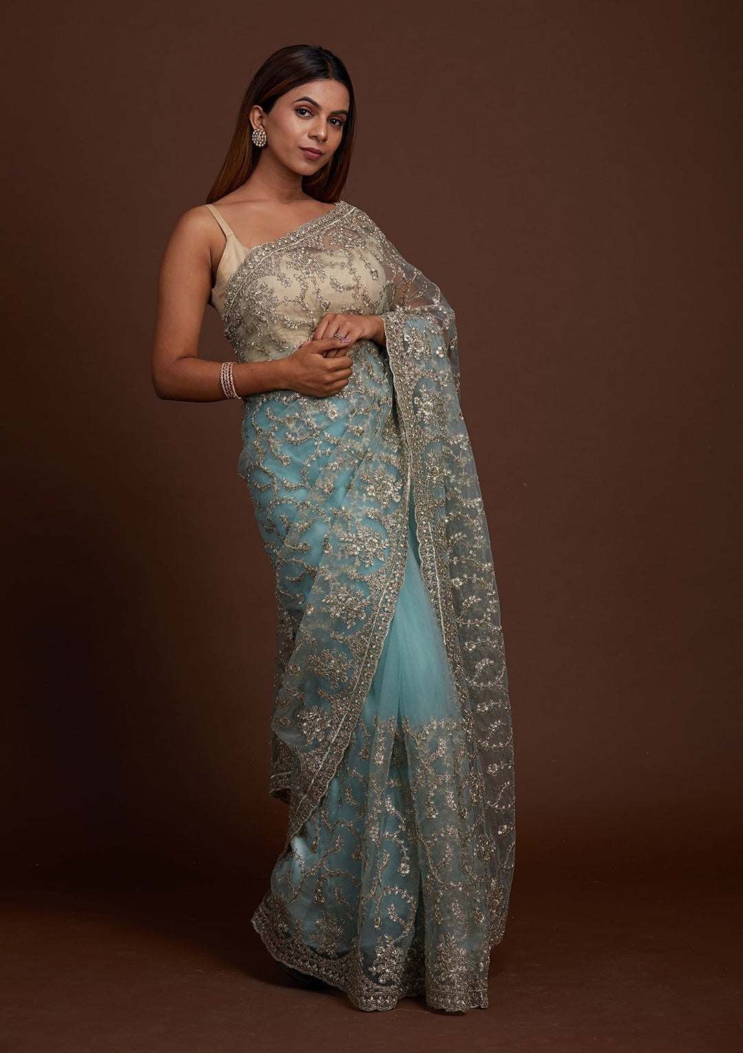 Sea Green Zariwork Net Saree-Koskii
