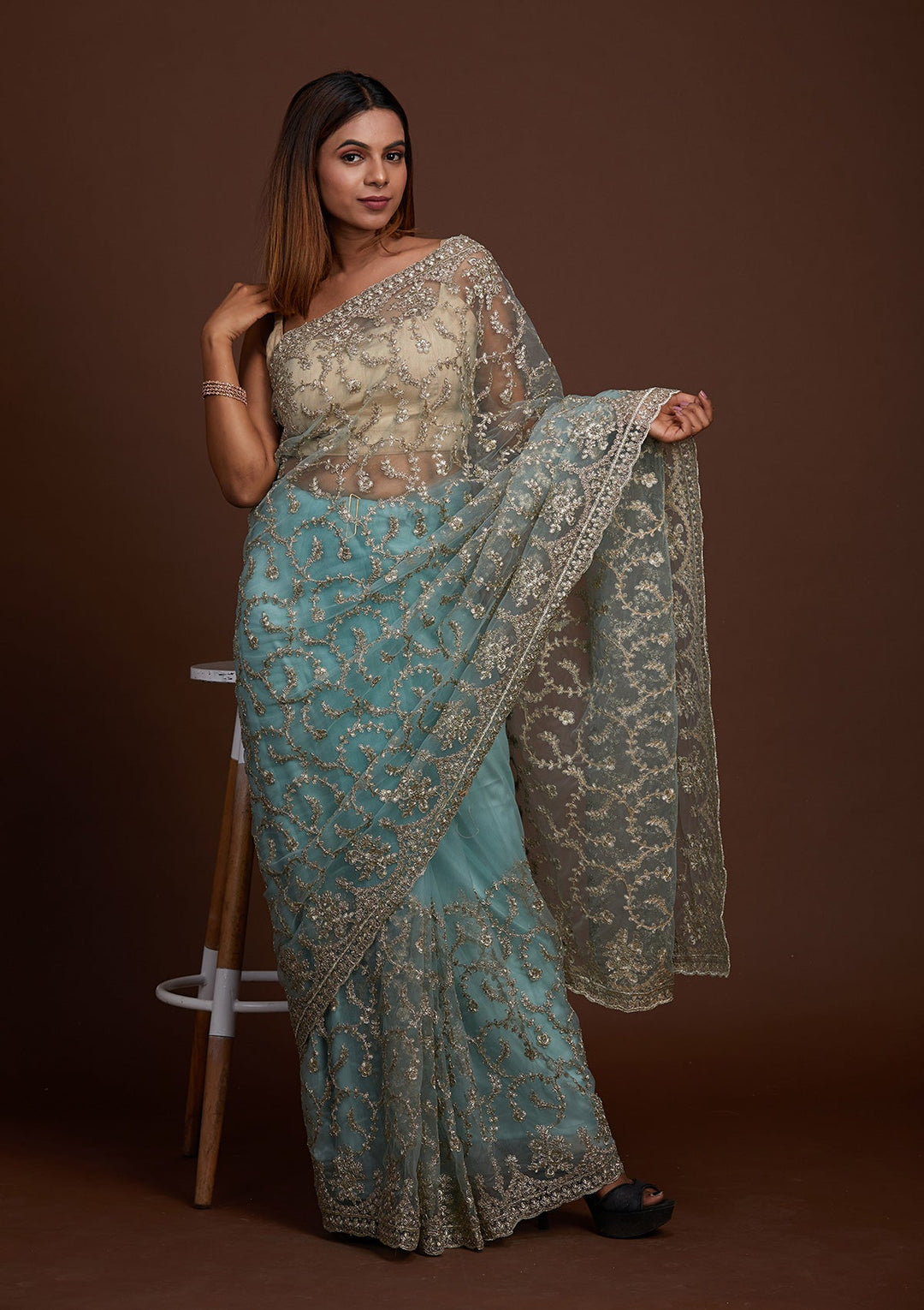Sea Green Zariwork Net Saree-Koskii
