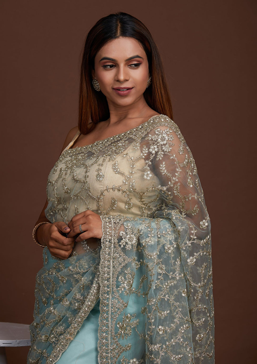 Sea Green Zariwork Net Saree-Koskii