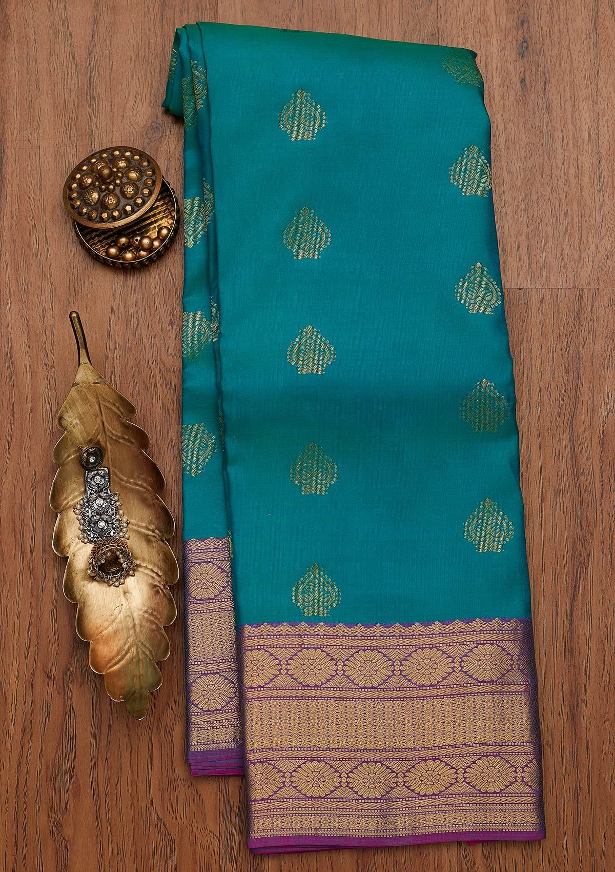 Sea Green Zariwork Pure Silk Designer Saree - koskii