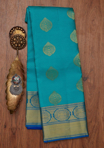 Sea Green Zariwork Pure Silk Designer Unstitched Saree - Koskii