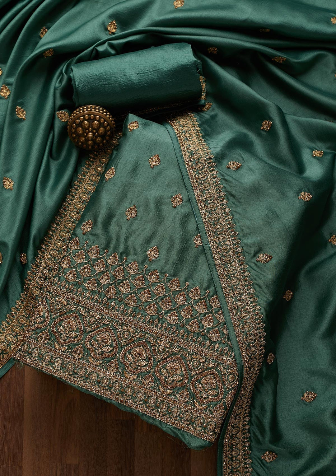 Sea Green Zariwork Raw Silk Unstitched Salwar Suit-Koskii