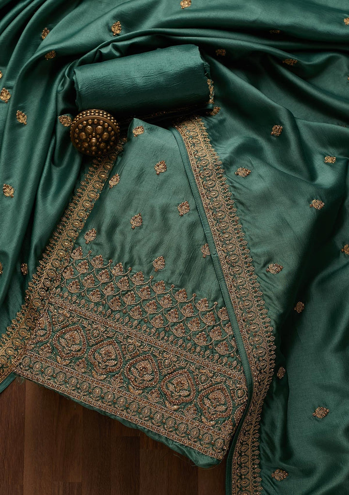 Sea Green Zariwork Raw Silk Unstitched Salwar Suit-Koskii