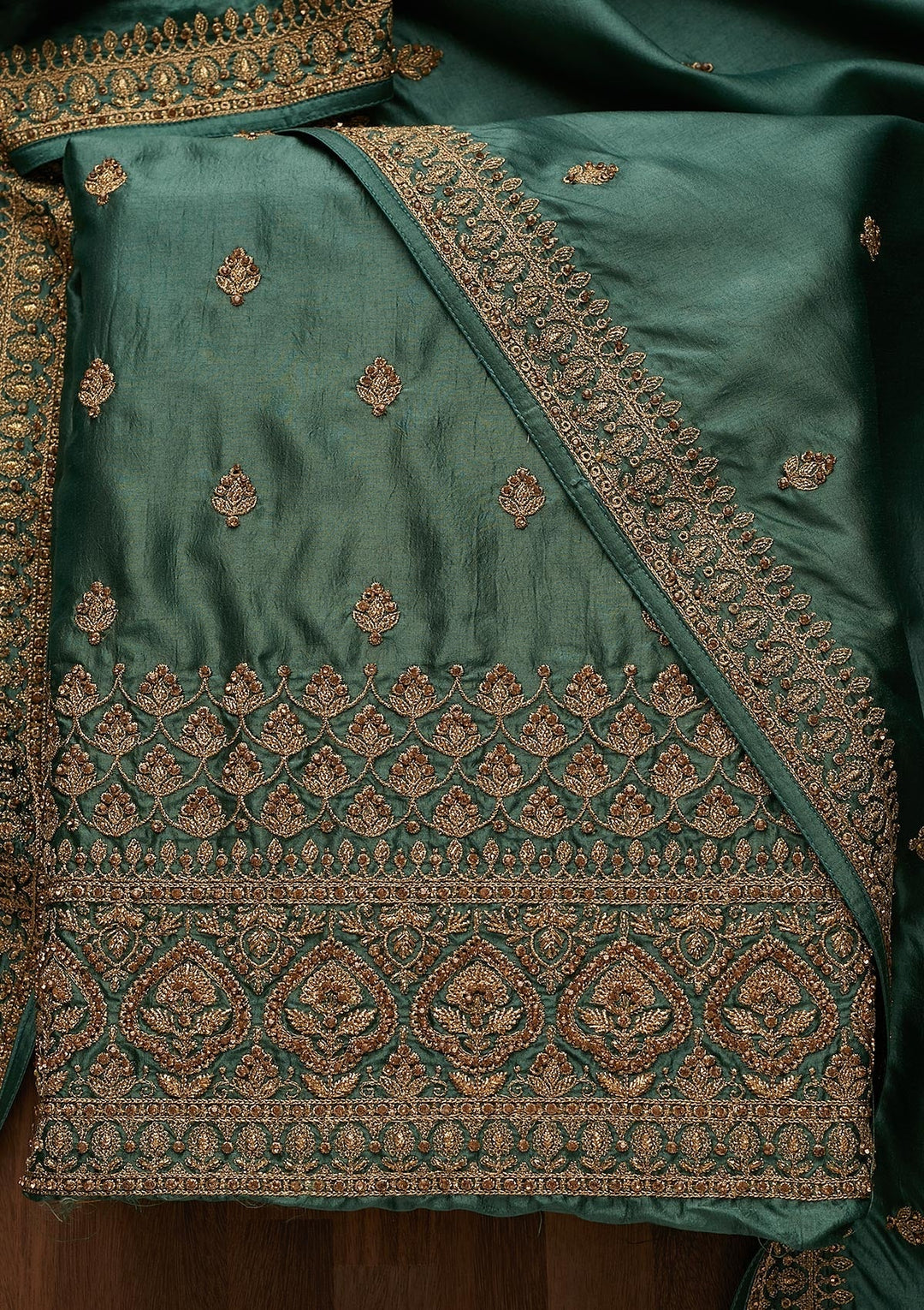 Sea Green Zariwork Raw Silk Unstitched Salwar Suit-Koskii