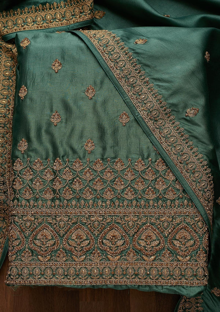 Sea Green Zariwork Raw Silk Unstitched Salwar Suit-Koskii