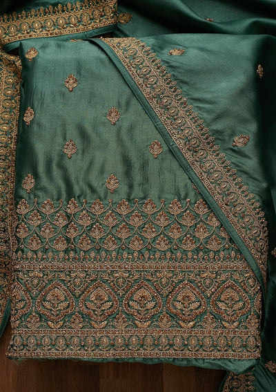 Sea Green Zariwork Raw Silk Unstitched Salwar Suit-Koskii