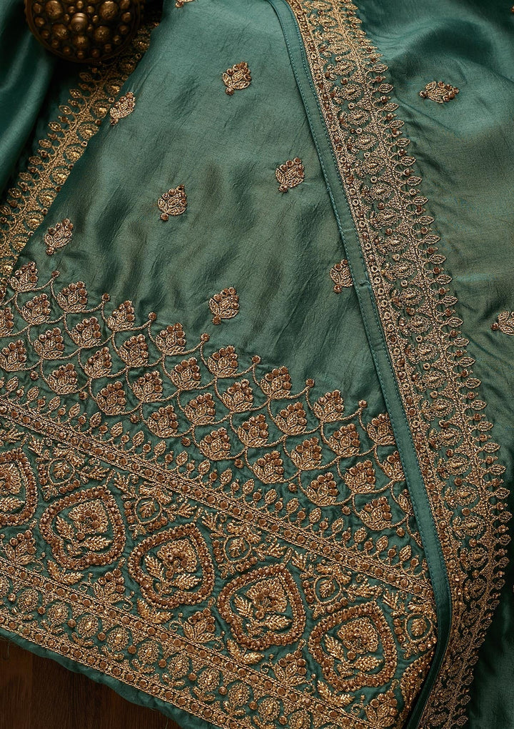 Sea Green Zariwork Raw Silk Unstitched Salwar Suit-Koskii