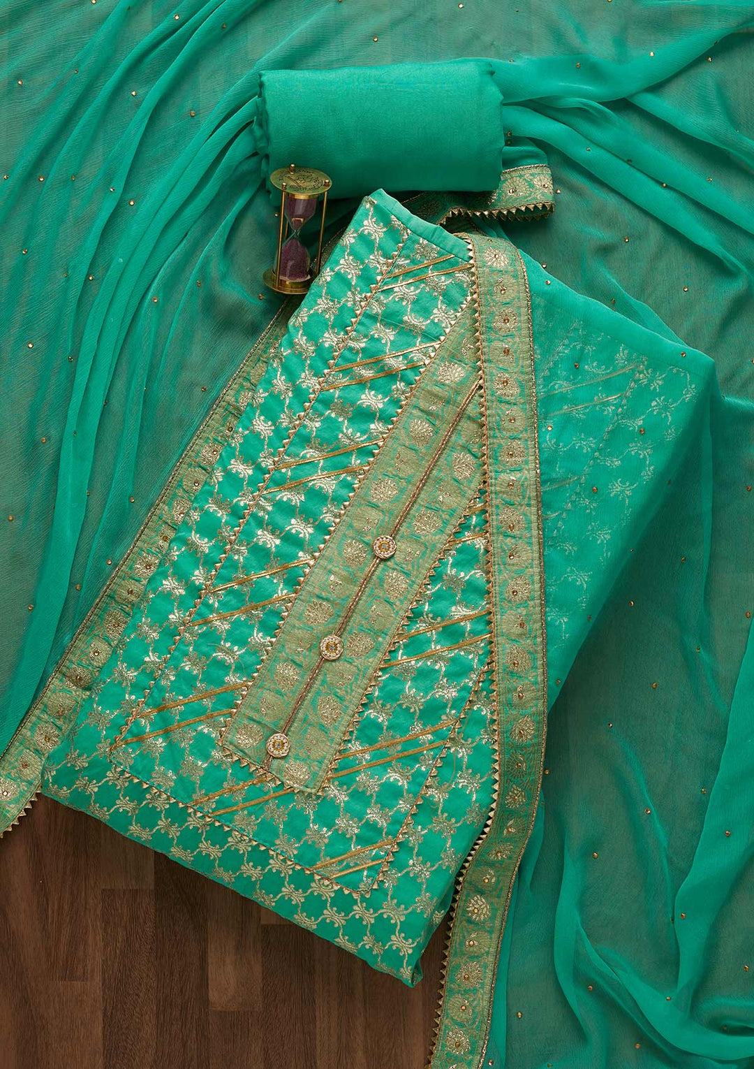 Sea Green Zariwork Raw Silk Unstitched Salwar Suit-Koskii