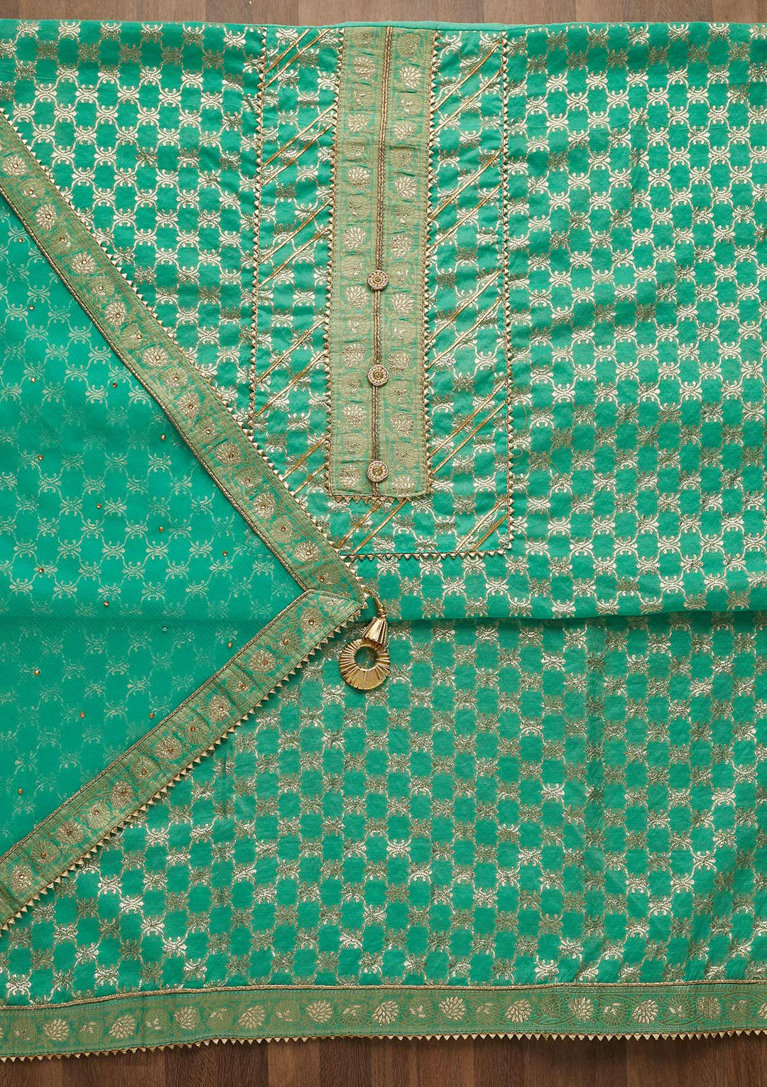 Sea Green Zariwork Raw Silk Unstitched Salwar Suit-Koskii
