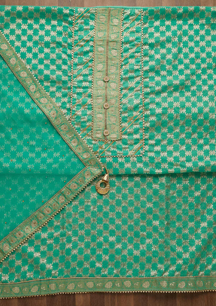 Sea Green Zariwork Raw Silk Unstitched Salwar Suit-Koskii