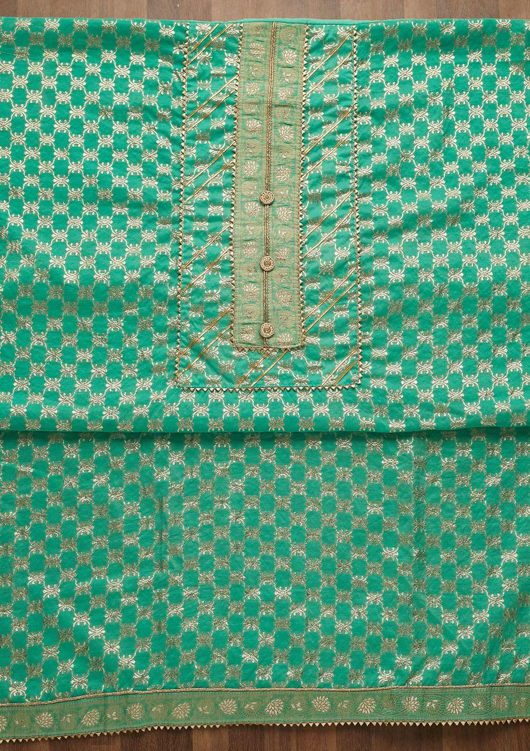 Sea Green Zariwork Raw Silk Unstitched Salwar Suit-Koskii