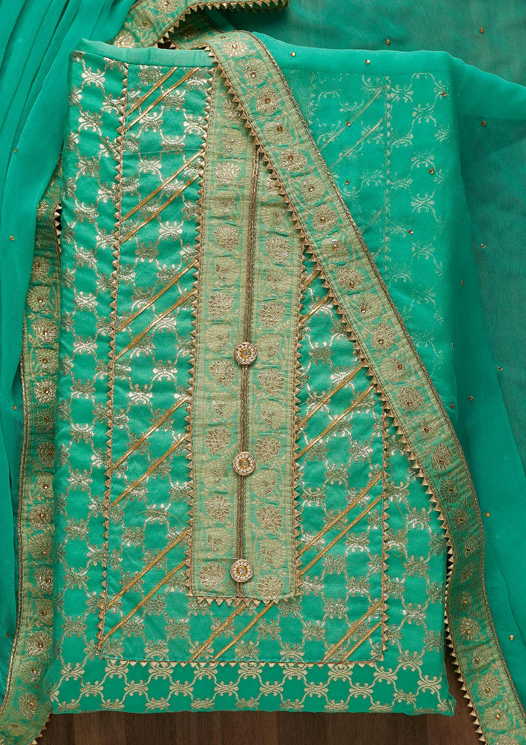 Sea Green Zariwork Raw Silk Unstitched Salwar Suit-Koskii