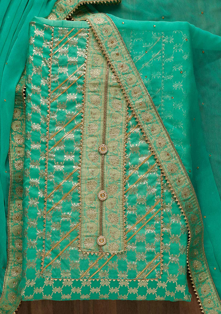 Sea Green Zariwork Raw Silk Unstitched Salwar Suit-Koskii