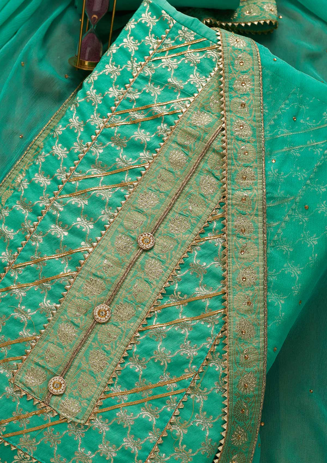 Sea Green Zariwork Raw Silk Unstitched Salwar Suit-Koskii